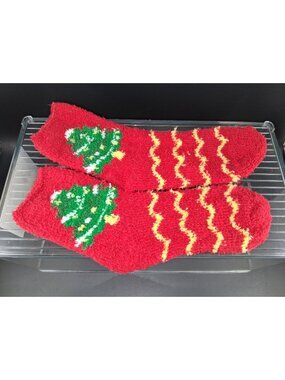 Red Holiday Fuzzy Socks With Christmas Tree Design